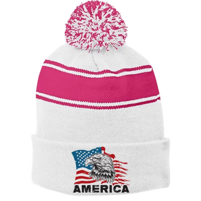 America 4th Of July Independence Day American Eagle Design Stripe Pom Pom Beanie