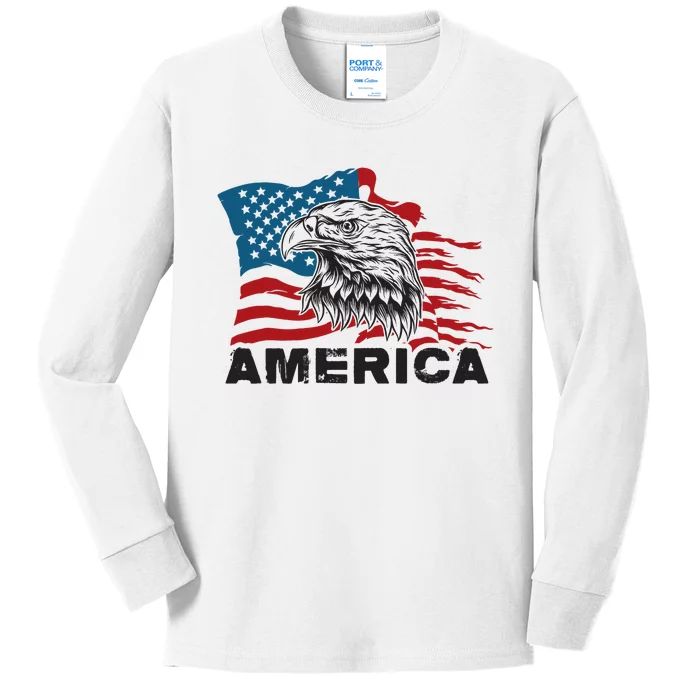 America 4th Of July Independence Day American Eagle Design Kids Long Sleeve Shirt