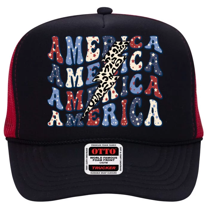 America 4th Of July Lightning Bolt Vintage Groovy High Crown Mesh Trucker Hat