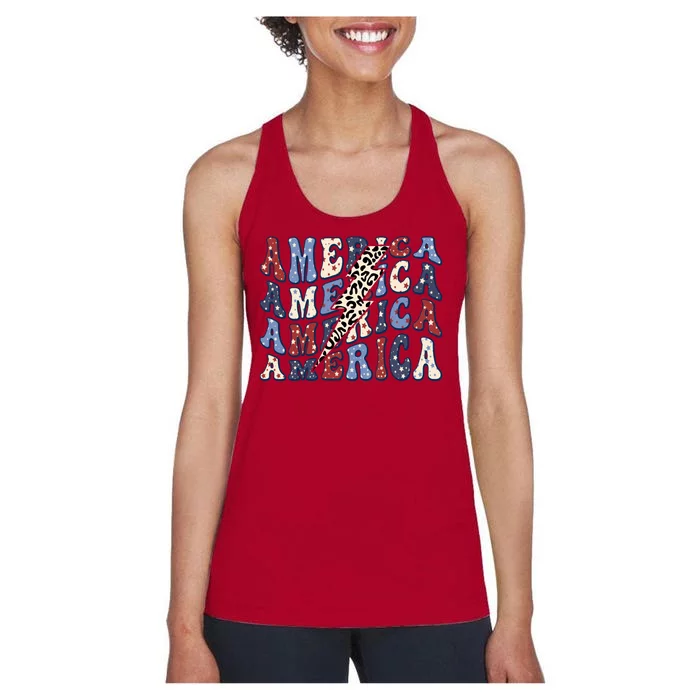 America 4th Of July Lightning Bolt Vintage Groovy Women's Racerback Tank