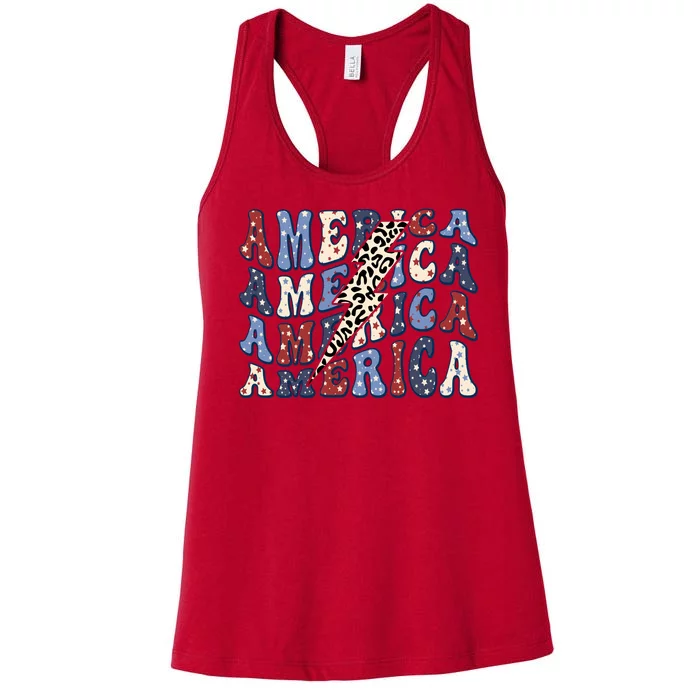 America 4th Of July Lightning Bolt Vintage Groovy Women's Racerback Tank