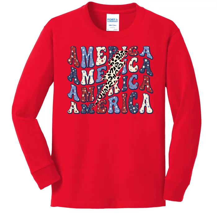 America 4th Of July Lightning Bolt Vintage Groovy Kids Long Sleeve Shirt