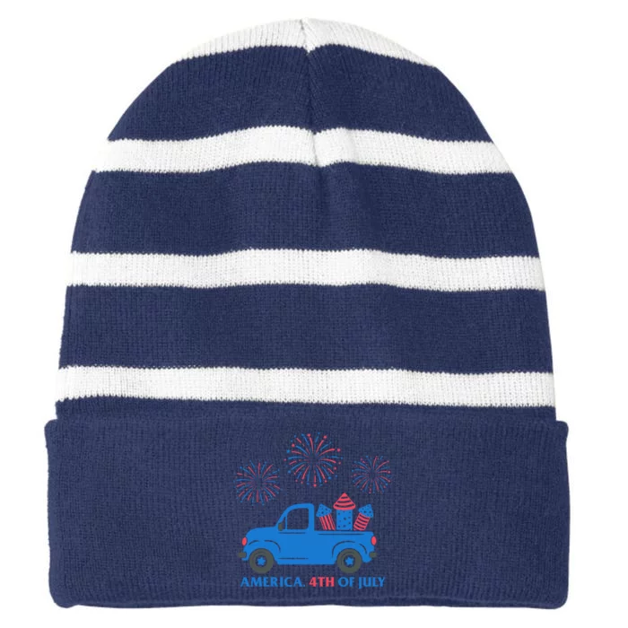 America 4th Of July Firework Truck Striped Beanie with Solid Band