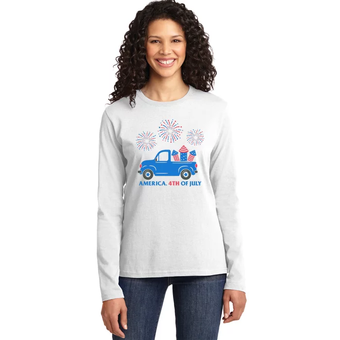 America 4th Of July Firework Truck Ladies Long Sleeve Shirt