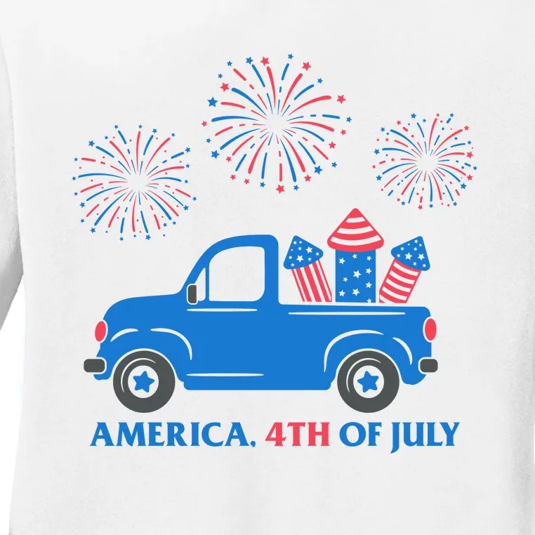 America 4th Of July Firework Truck Ladies Long Sleeve Shirt