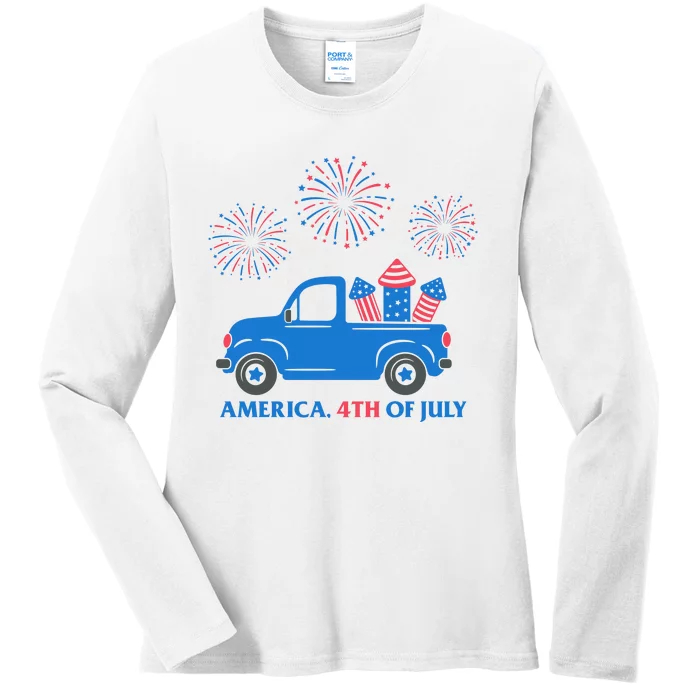 America 4th Of July Firework Truck Ladies Long Sleeve Shirt