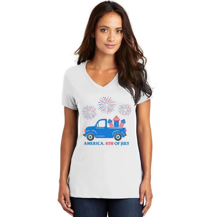 America 4th Of July Firework Truck Women's V-Neck T-Shirt