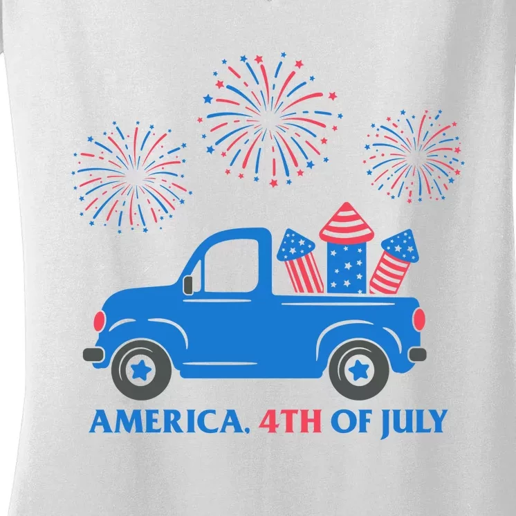 America 4th Of July Firework Truck Women's V-Neck T-Shirt