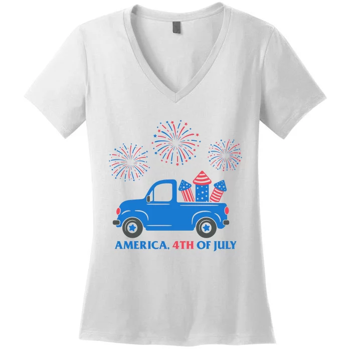 America 4th Of July Firework Truck Women's V-Neck T-Shirt