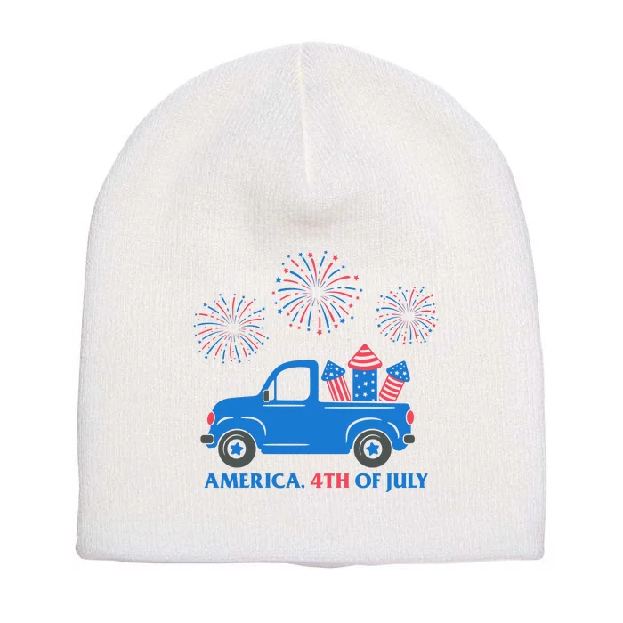 America 4th Of July Firework Truck Short Acrylic Beanie