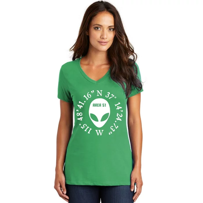 Area 51 Coordinates Ufo Alien Funny Women's V-Neck T-Shirt