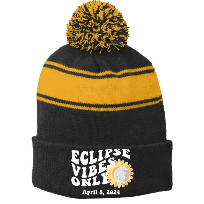 April 8 2024 Eclipse Vibes Only Cute Retro Solar Eclipse Stripe Pom Pom Beanie