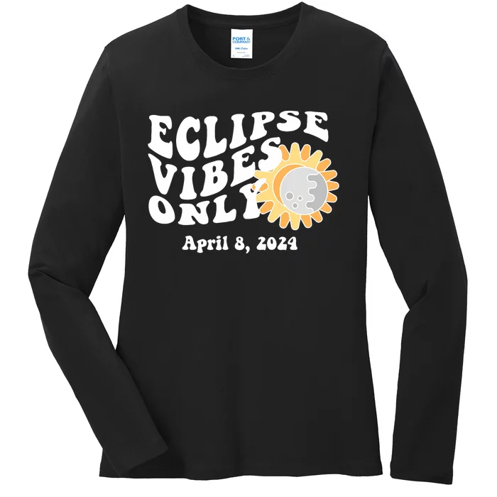 April 8 2024 Eclipse Vibes Only Cute Retro Solar Eclipse Ladies Long Sleeve Shirt