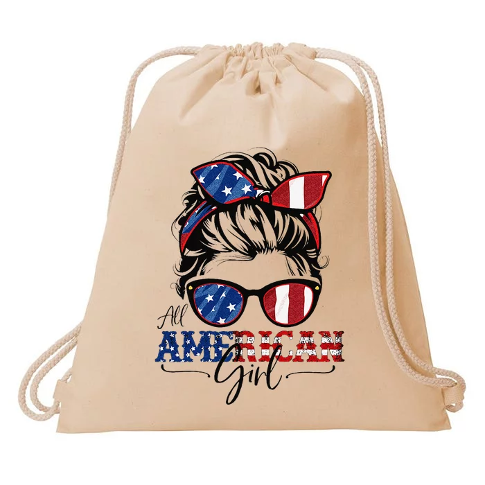 All American 4th Of July  Messy Bun USA Flag Drawstring Bag