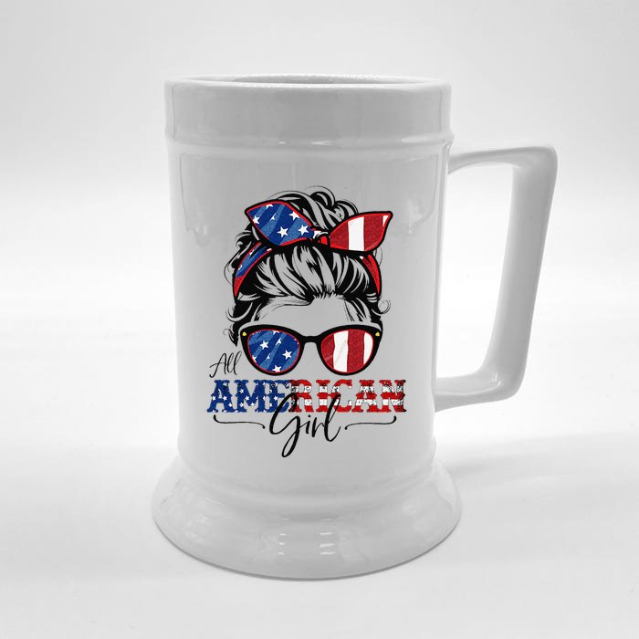 All American 4th Of July  Messy Bun USA Flag Front & Back Beer Stein