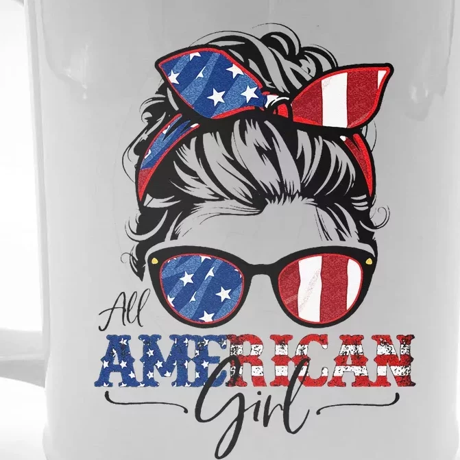 All American 4th Of July  Messy Bun USA Flag Front & Back Beer Stein