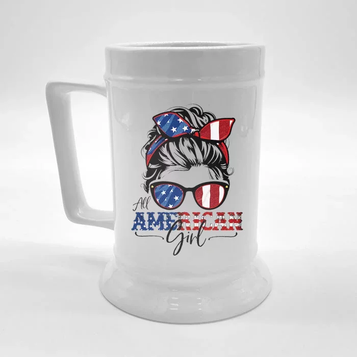 All American 4th Of July  Messy Bun USA Flag Front & Back Beer Stein