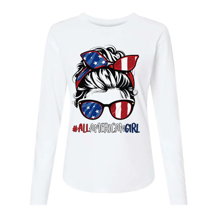 All American 4th Of July  Messy Bun USA Flag Womens Cotton Relaxed Long Sleeve T-Shirt