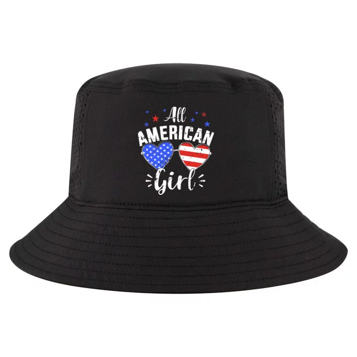 All american 4th of July girl with sunglasses and US flag Cool Comfort Performance Bucket Hat