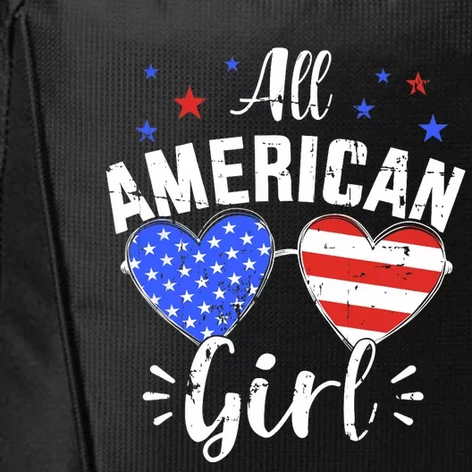 All american 4th of July girl with sunglasses and US flag City Backpack