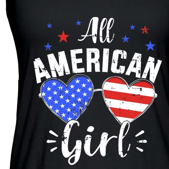 All american 4th of July girl with sunglasses and US flag Ladies Essential Flowy Tank