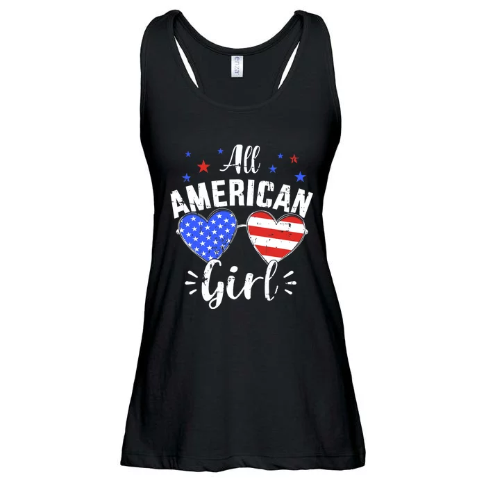 All american 4th of July girl with sunglasses and US flag Ladies Essential Flowy Tank