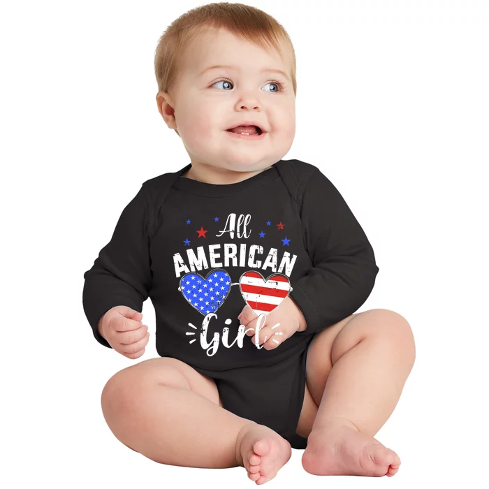 All american 4th of July girl with sunglasses and US flag Baby Long Sleeve Bodysuit