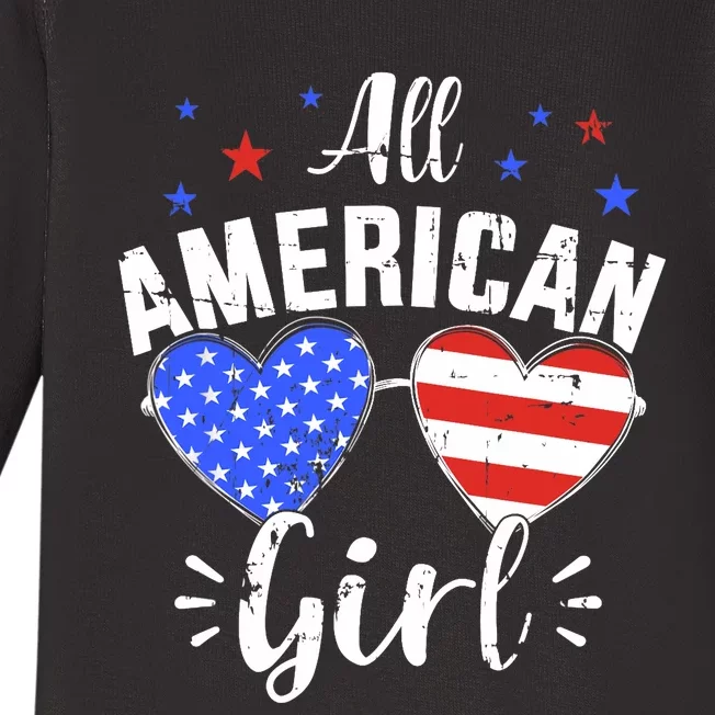 All american 4th of July girl with sunglasses and US flag Baby Long Sleeve Bodysuit