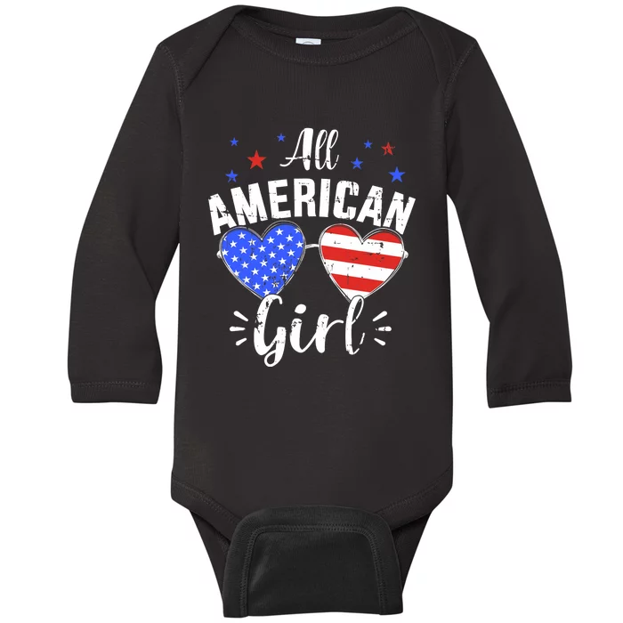 All american 4th of July girl with sunglasses and US flag Baby Long Sleeve Bodysuit