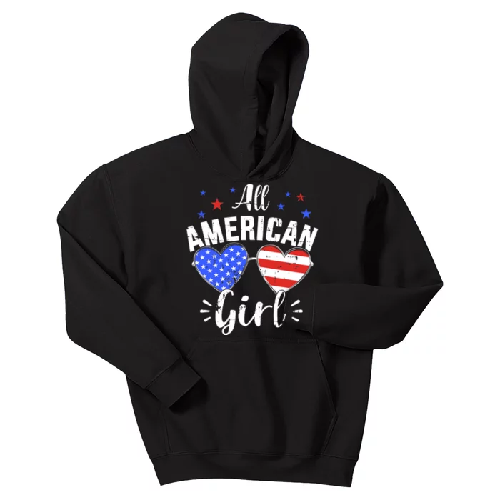 All american 4th of July girl with sunglasses and US flag Kids Hoodie