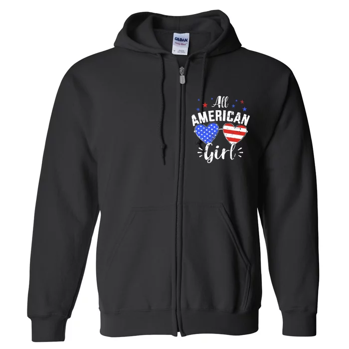 All american 4th of July girl with sunglasses and US flag Full Zip Hoodie