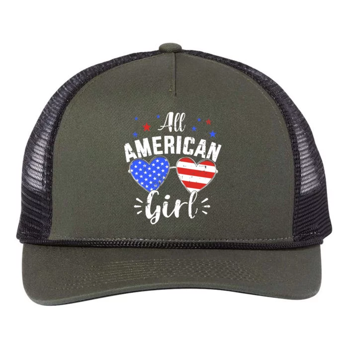 All american 4th of July girl with sunglasses and US flag Retro Rope Trucker Hat Cap