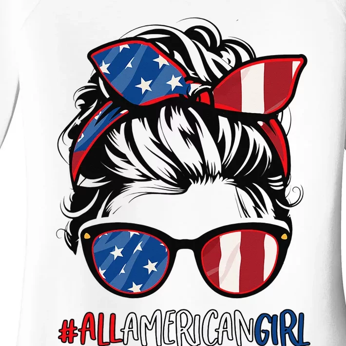 All American 4th Of July Messy Bun USA Flag Women's Perfect Tri Tunic Long Sleeve Shirt