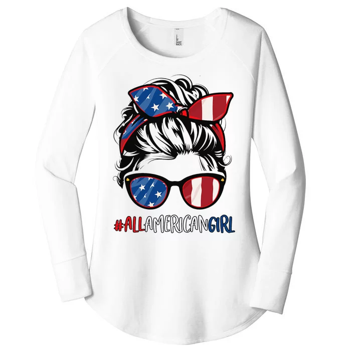 All American 4th Of July Messy Bun USA Flag Women's Perfect Tri Tunic Long Sleeve Shirt