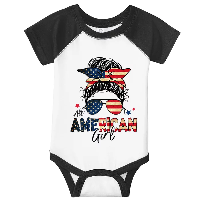 All American 4th Of July  Messy Bun USA Flag Infant Baby Jersey Bodysuit