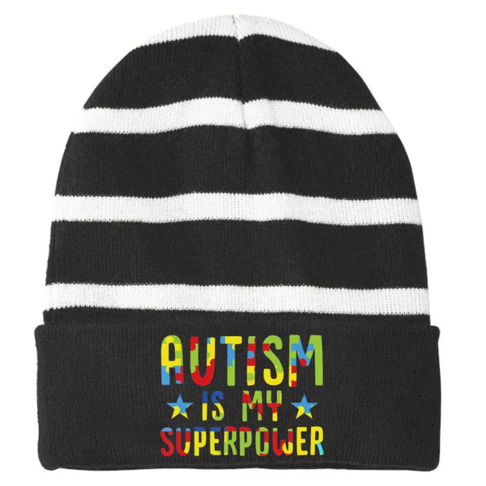 Autism Awareness Autism Is My Superpower Striped Beanie with Solid Band