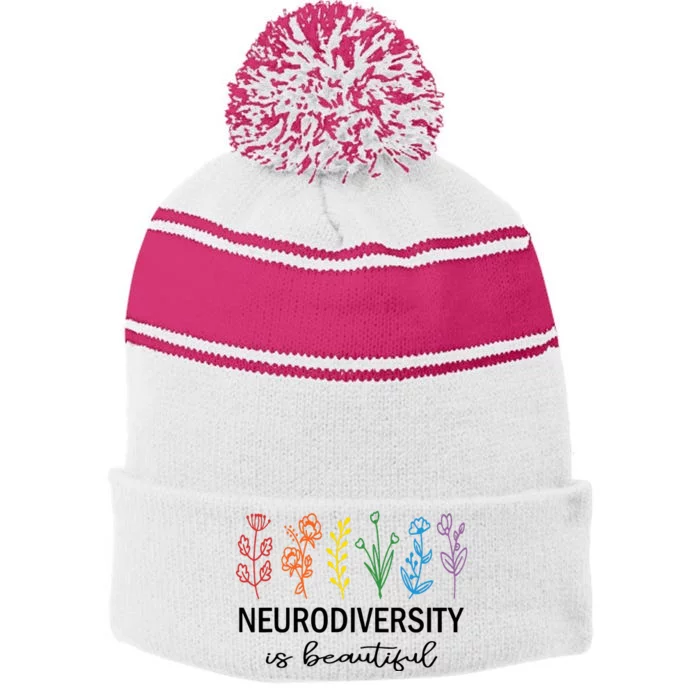 Autism Awareness Acceptance Neurodiversity Is Beautiful Stripe Pom Pom Beanie