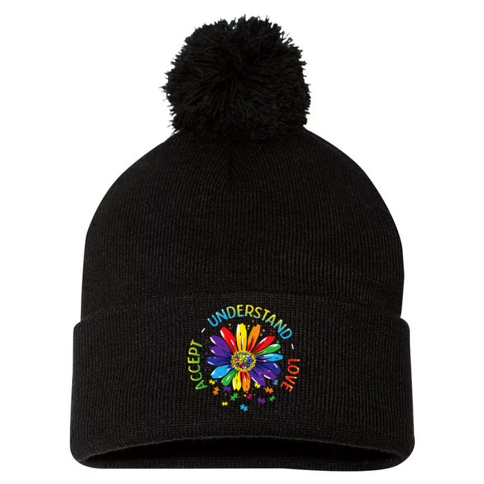 Autism Awareness Accept Understand Love Rainbow ASD Flower Pom Pom 12in Knit Beanie