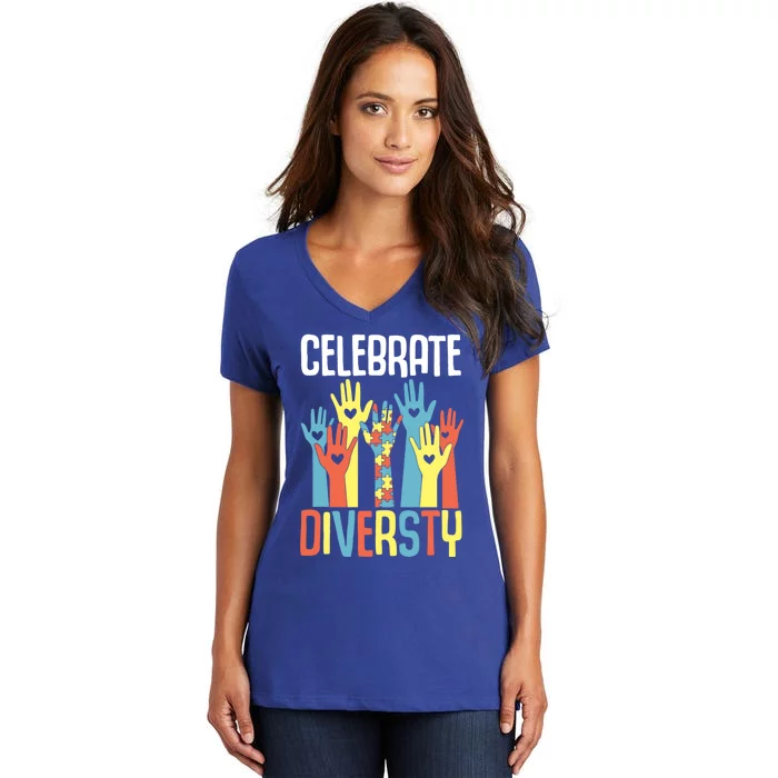 Autism Awareness And Support Celebrate Diversity Gift Women's V-Neck T-Shirt