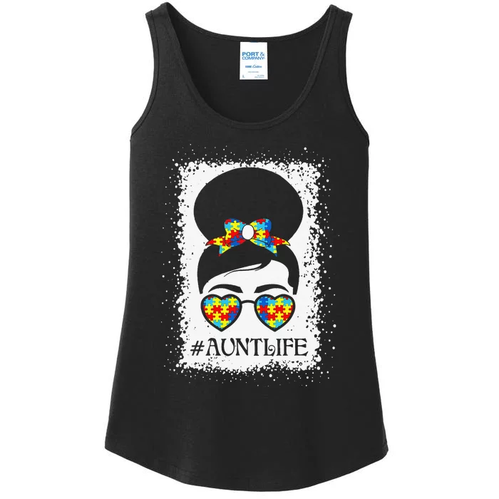 Autism Awareness Aunt Life Messy Bun Hair Autism Aunt Ladies Essential Tank