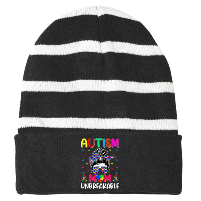 Autistic Autism Awareness Mom Life  Bleached Striped Beanie with Solid Band