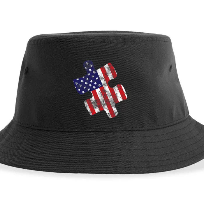 Autism Awareness American Flag Vintage Puzzle Piece Gift Sustainable Bucket Hat