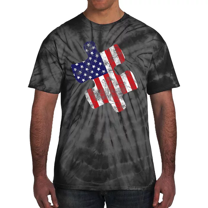 Autism Awareness American Flag Vintage Puzzle Piece Gift Tie-Dye T-Shirt