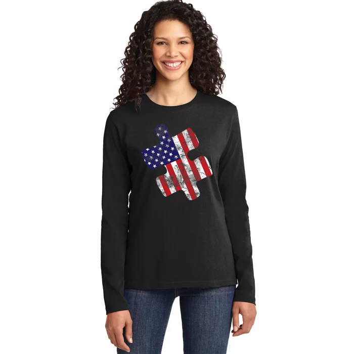 Autism Awareness American Flag Vintage Puzzle Piece Gift Ladies Long Sleeve Shirt