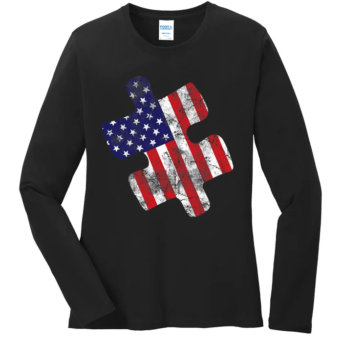 Autism Awareness American Flag Vintage Puzzle Piece Gift Ladies Long Sleeve Shirt