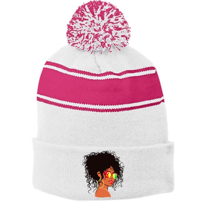 Afro African American Women Black Melanin Queen Juneteenth Stripe Pom Pom Beanie