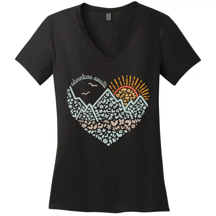 Adventure Awaits Adventure Camping Mountain Women's V-Neck T-Shirt