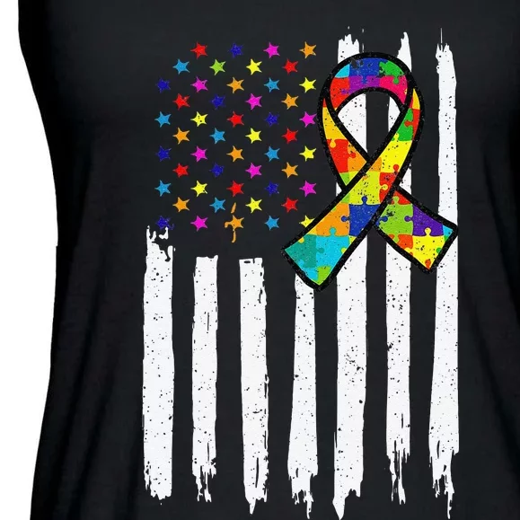 Autism Awareness American Flag Autism Ribbon Women Ladies Essential Flowy Tank