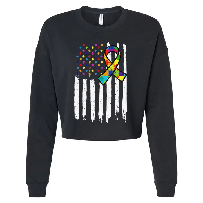 Autism Awareness American Flag Autism Ribbon Women Cropped Pullover Crew