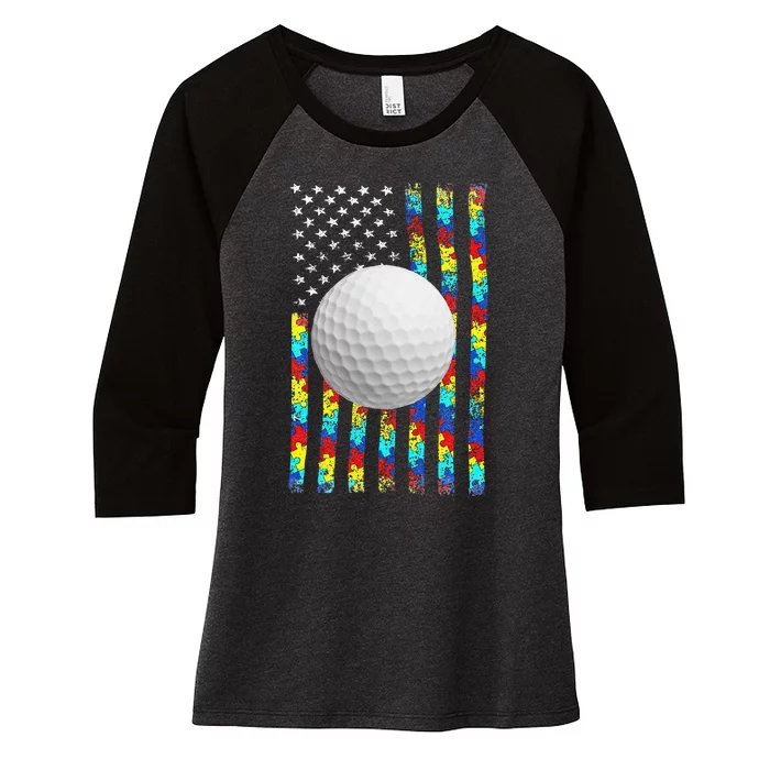 Autism Awareness American Flag Golf Women's Tri-Blend 3/4-Sleeve Raglan Shirt